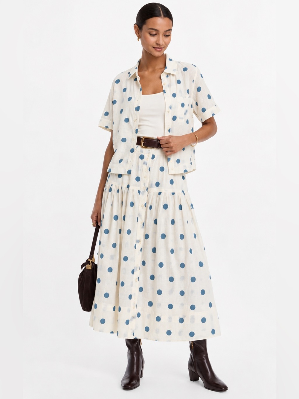 THE GREAT. The Messenger Top & Highland Skirt Polka Dot Set Cream/Blue, Size 1/S
